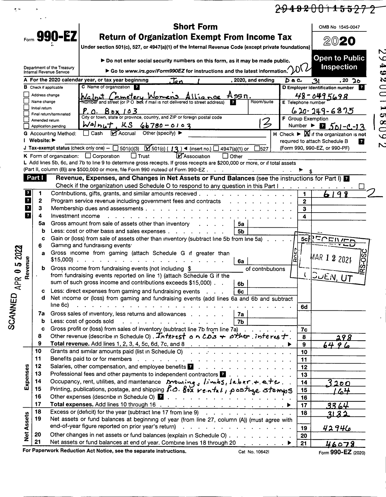 Image of first page of 2020 Form 990EO for Walnut Cemetery Association Womens Alliance