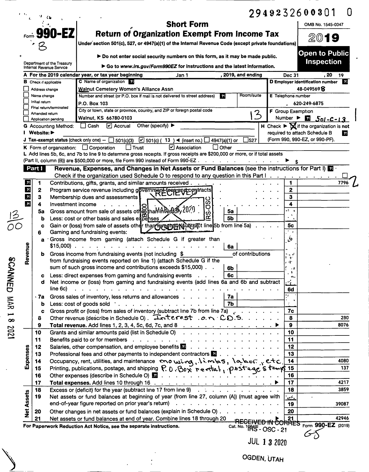 Image of first page of 2019 Form 990EO for Walnut Cemetery Association Womens Alliance