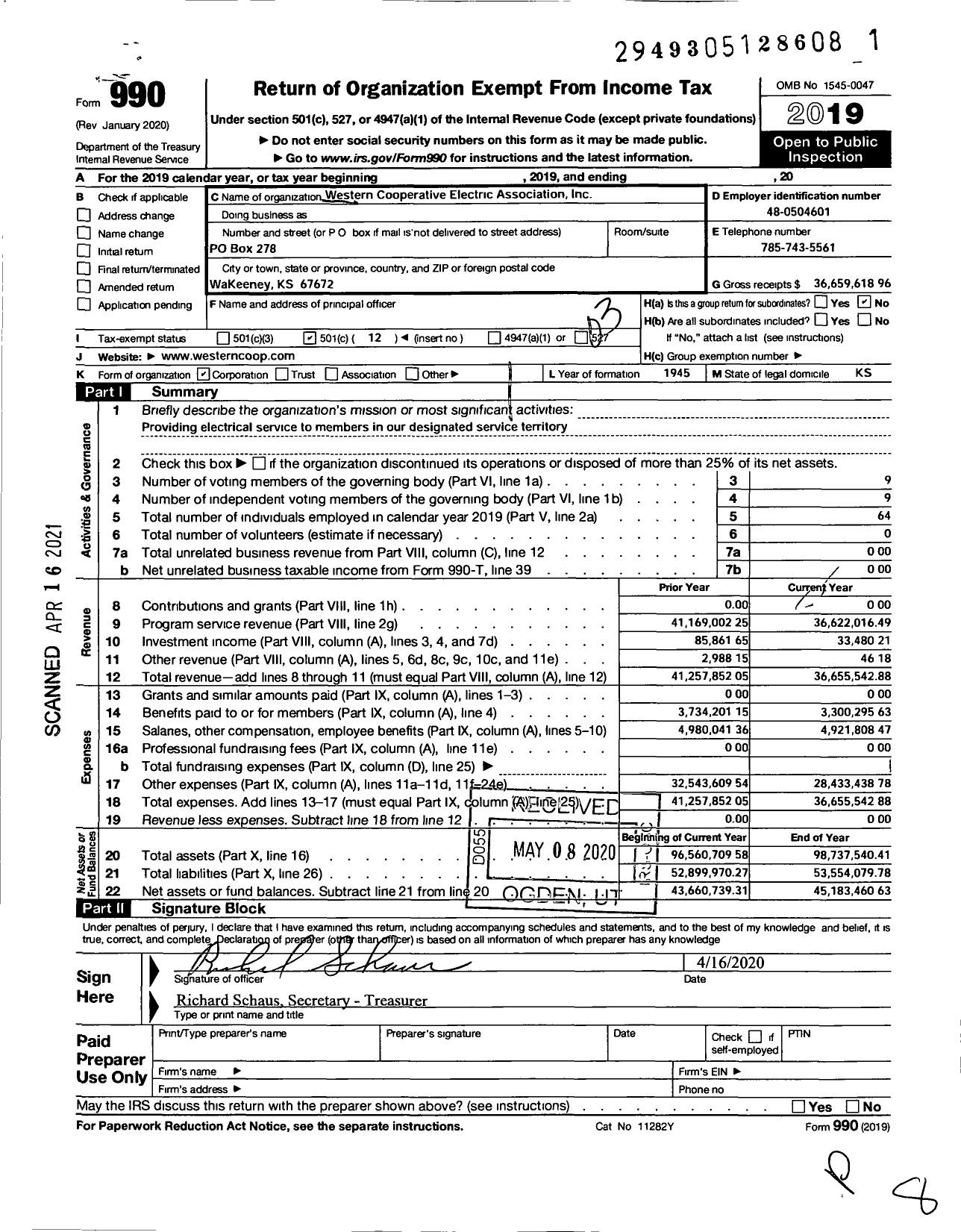 Image of first page of 2019 Form 990 for Western Cooperative Electric Association