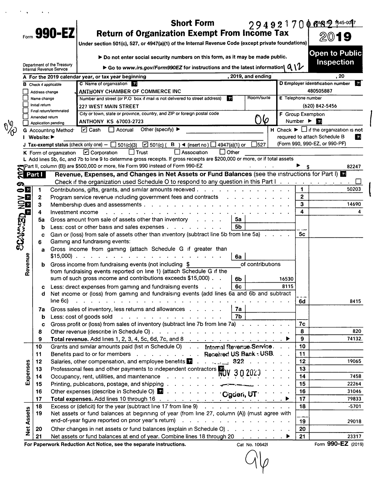Image of first page of 2019 Form 990EO for Anthony Chamber of Commerce