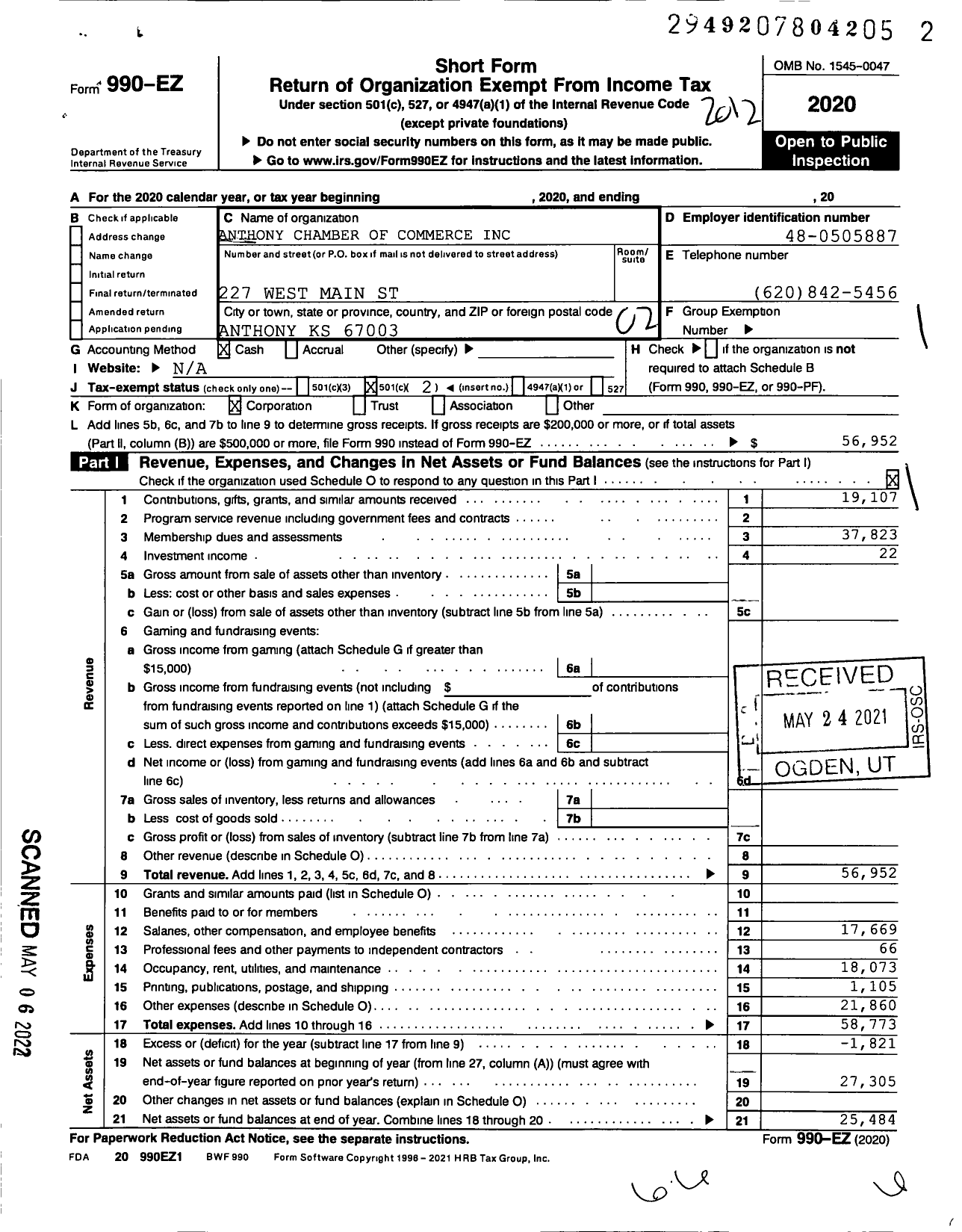 Image of first page of 2020 Form 990EO for Anthony Chamber of Commerce