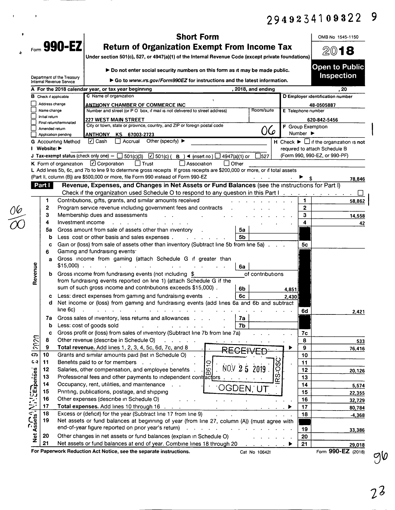 Image of first page of 2018 Form 990EO for Anthony Chamber of Commerce