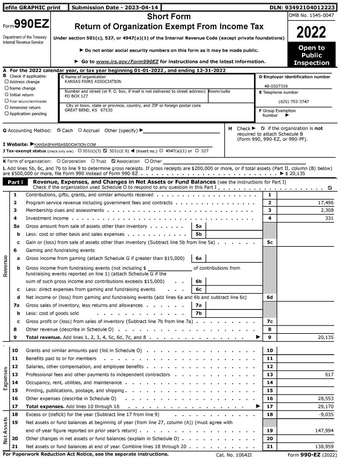 Image of first page of 2022 Form 990EZ for Kansas Fairs Association