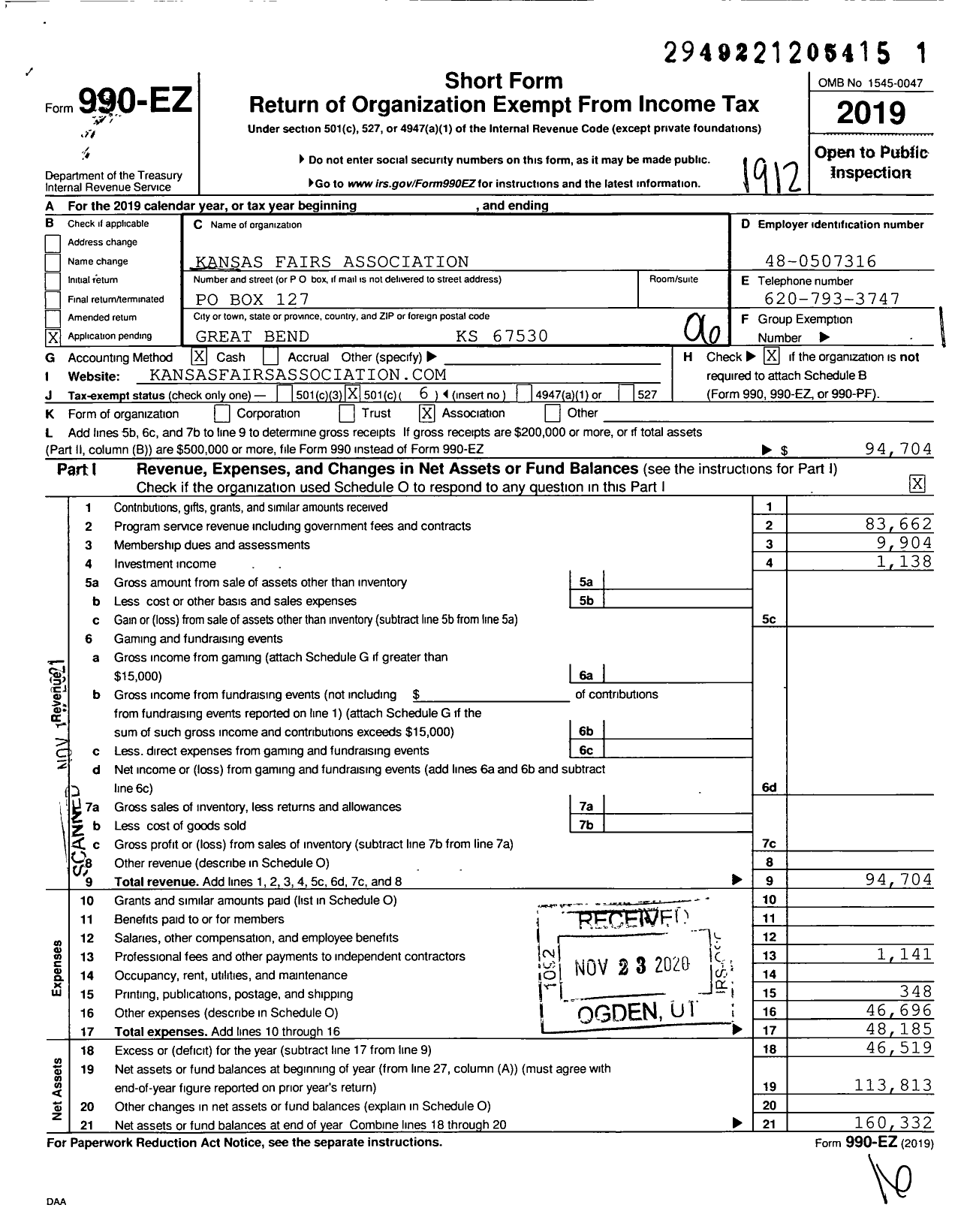 Image of first page of 2019 Form 990EO for Kansas Fairs Association