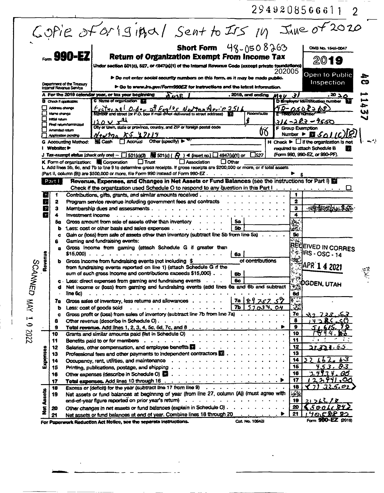 Image of first page of 2019 Form 990EO for Fraternal Order of Eagles - 2516 Aerie