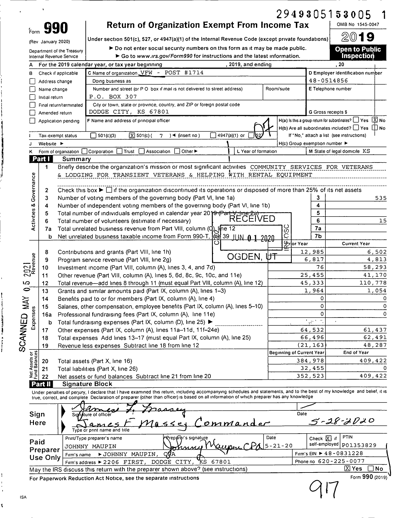 Image of first page of 2019 Form 990O for Veterans of Foreign Wars of the United States Dept of Kansas - 1714 Howard Gotschall