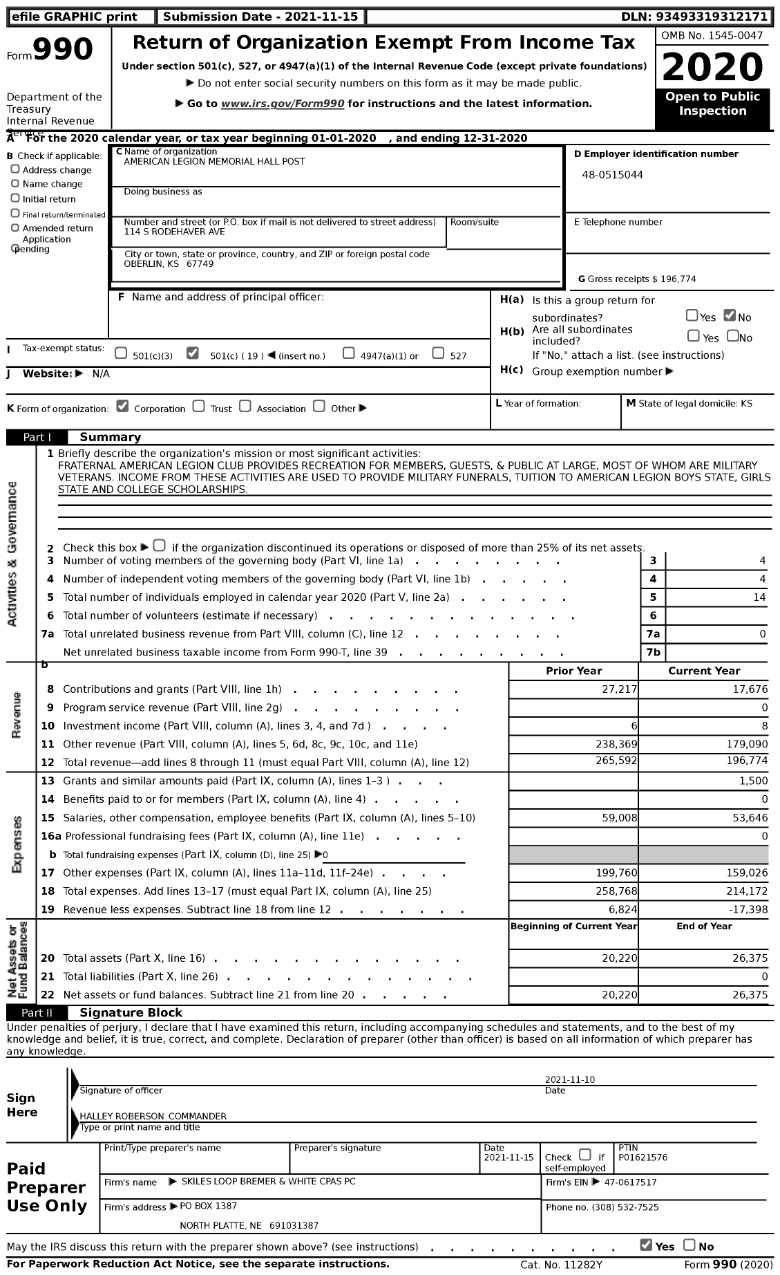 Image of first page of 2020 Form 990 for American Legion - Post 070 Oberlin