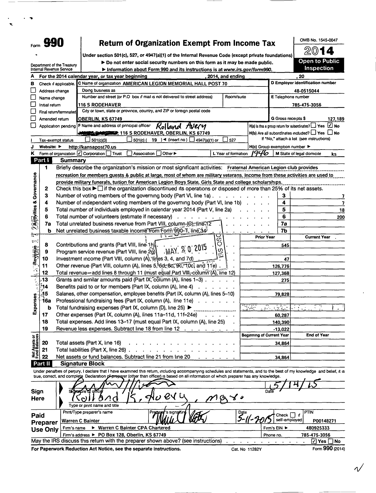 Image of first page of 2014 Form 990O for American Legion - Post 070 Oberlin