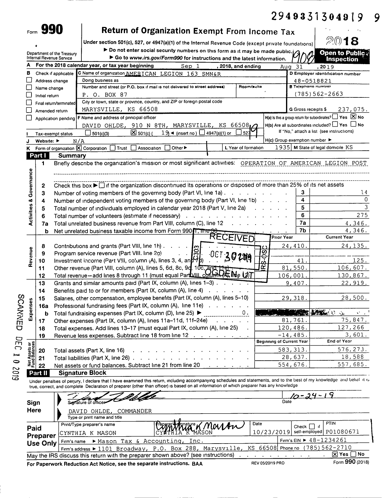 Image of first page of 2018 Form 990O for American Legion - Post 163 SMN & R