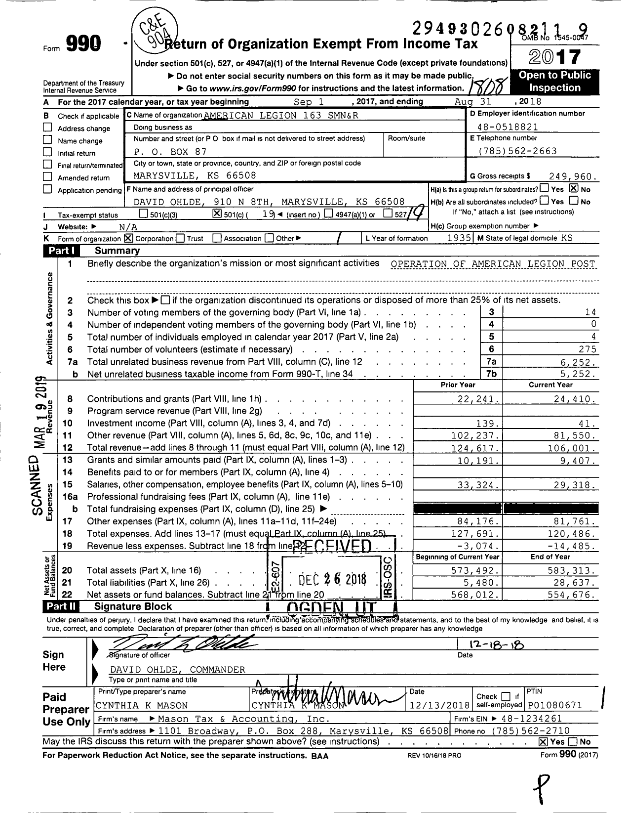 Image of first page of 2017 Form 990O for American Legion - Post 163 SMN & R