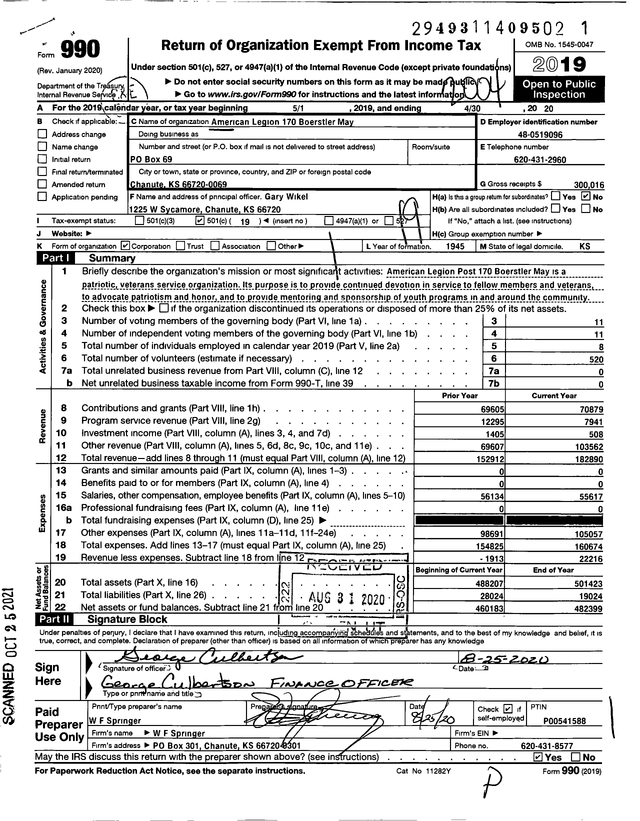 Image of first page of 2019 Form 990O for American Legion - 170 Boerstler-May