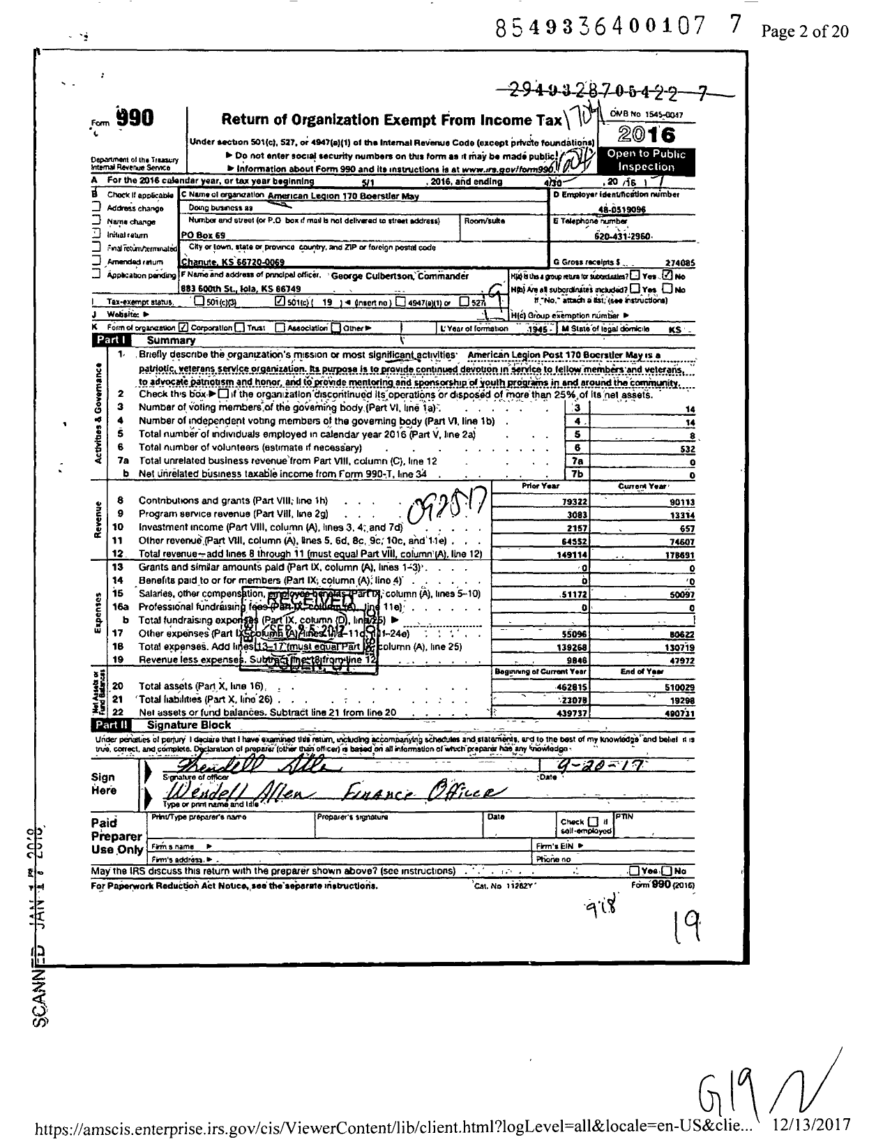 Image of first page of 2016 Form 990O for American Legion - 170 Boerstler-May