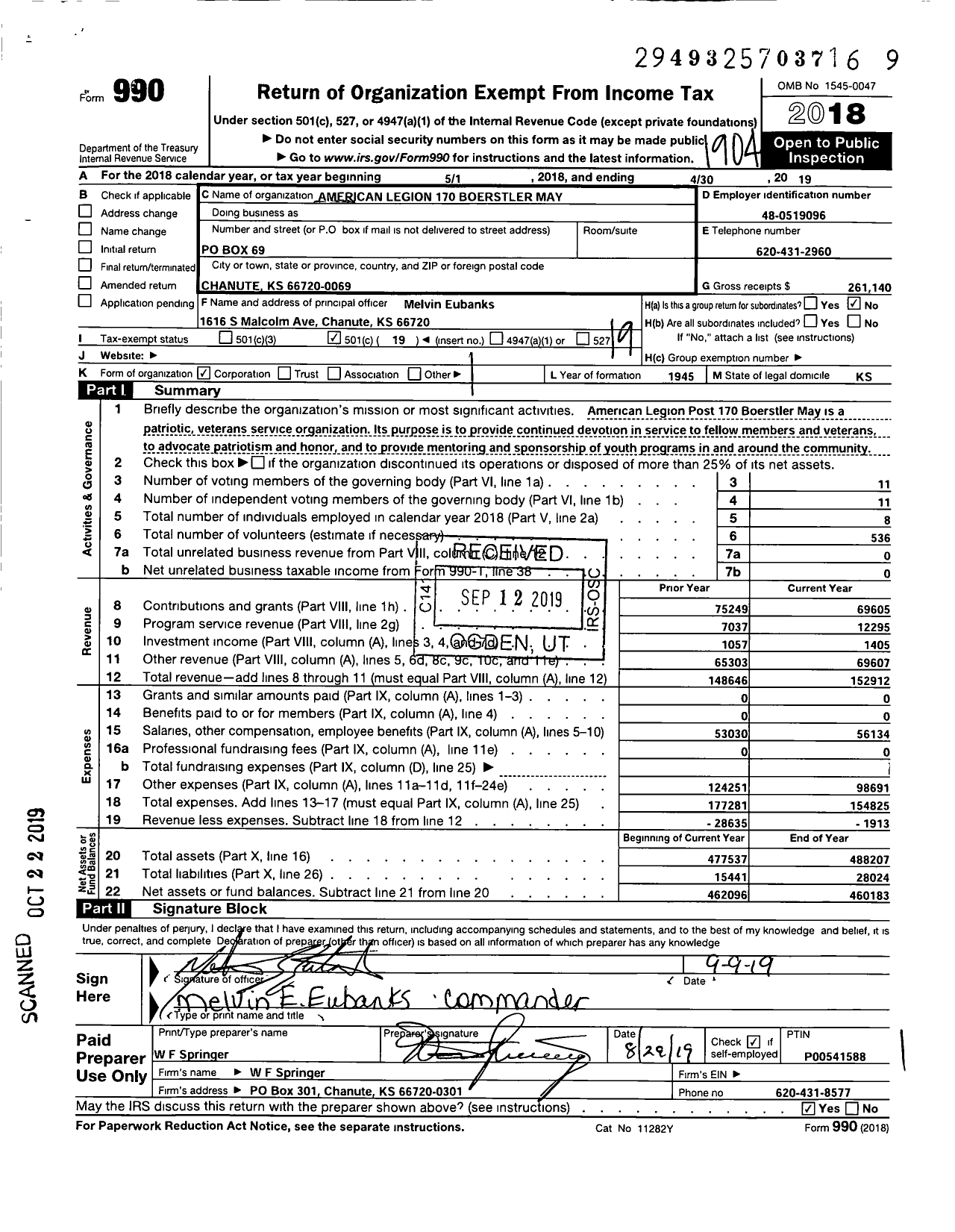 Image of first page of 2018 Form 990O for American Legion - 170 Boerstler-May