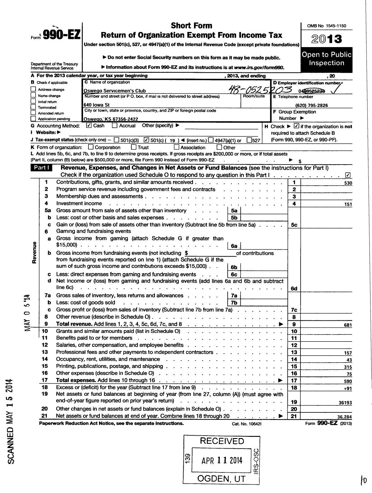 Image of first page of 2013 Form 990EO for Oswego Servicemens Club