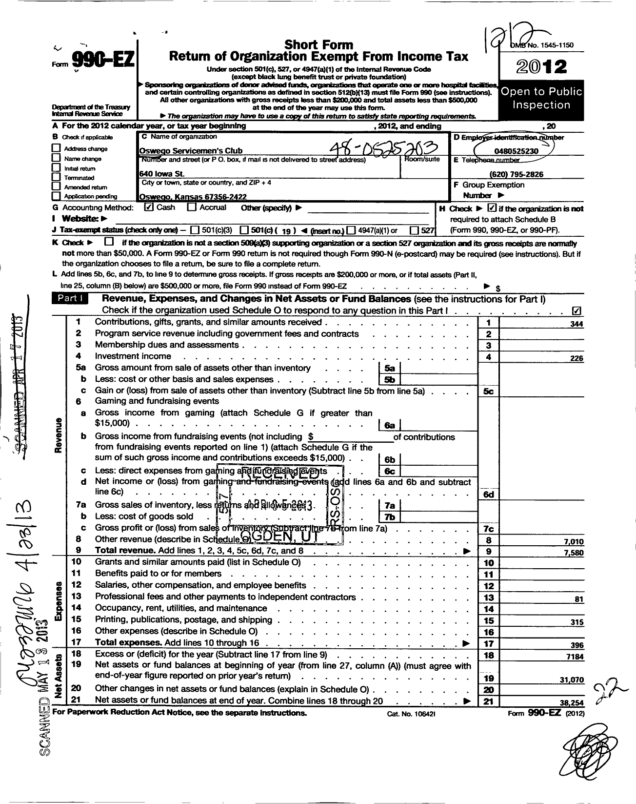 Image of first page of 2012 Form 990EO for Oswego Servicemens Club