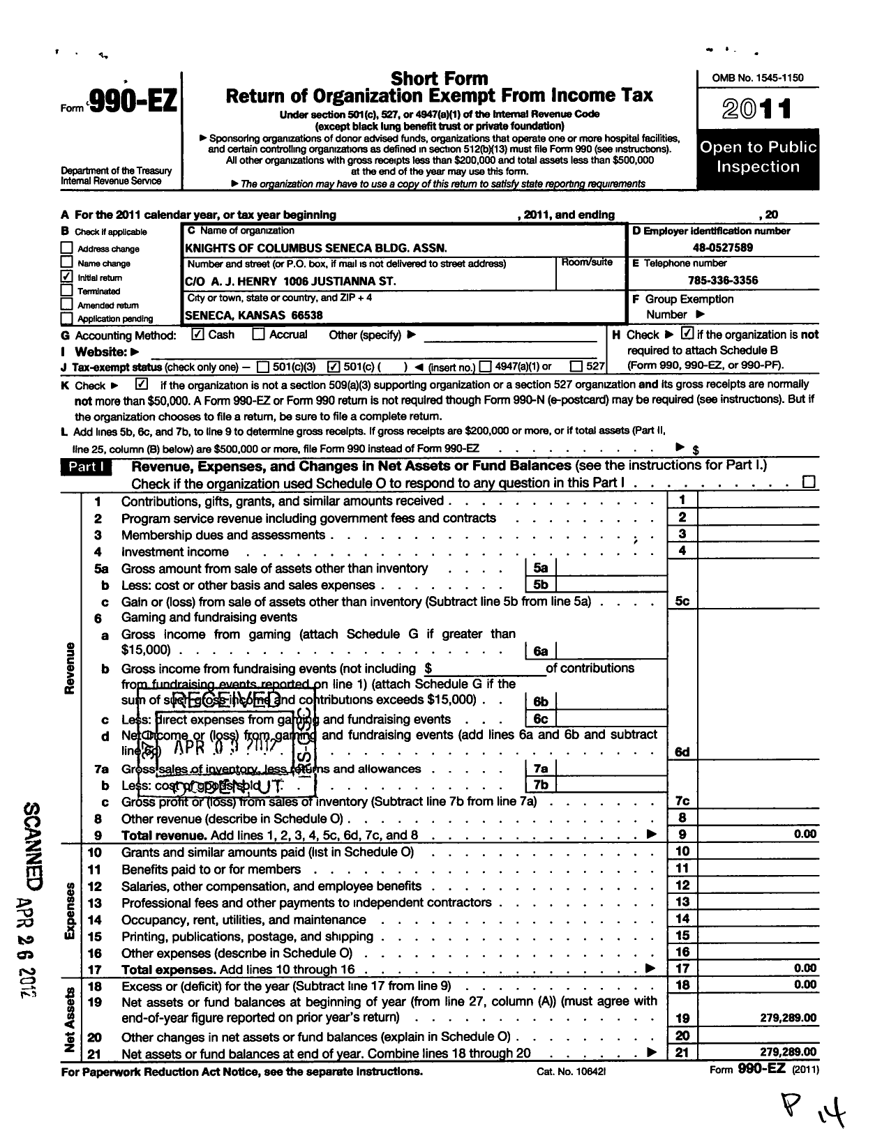 Image of first page of 2011 Form 990EO for Knights of Columbus Seneca Bldg