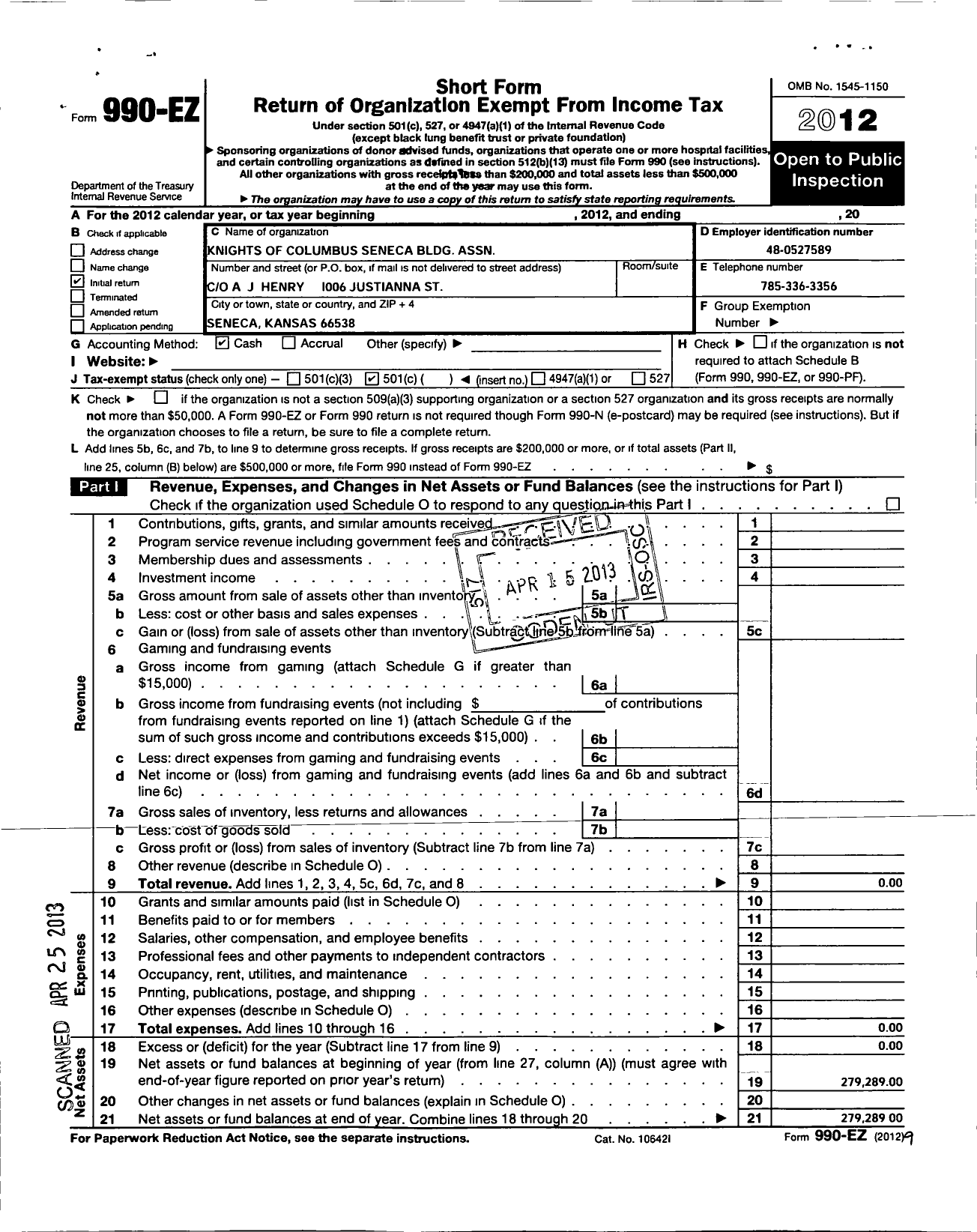 Image of first page of 2012 Form 990EO for Knights of Columbus Seneca Bldg