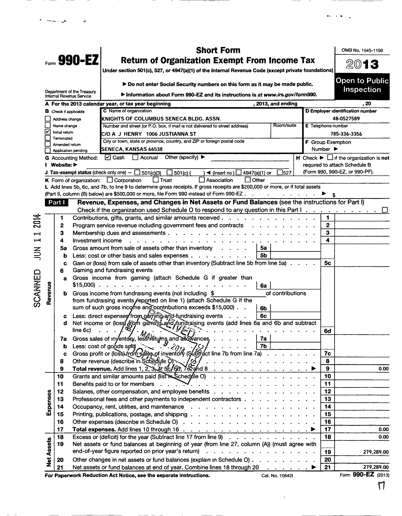 Image of first page of 2013 Form 990EO for Knights of Columbus Seneca Bldg