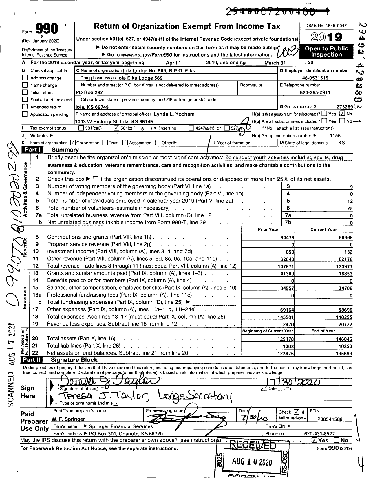 Image of first page of 2019 Form 990O for Benevolent and Protective Order of Elks - Iola BPOE Lodge 569