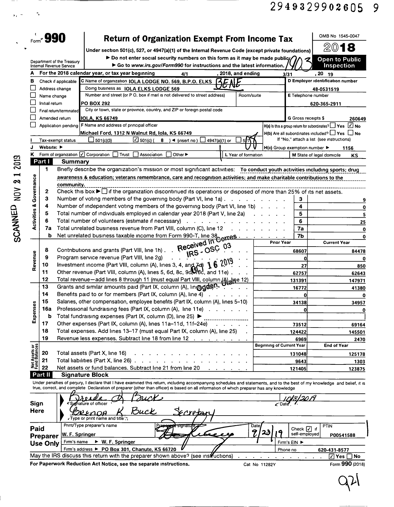 Image of first page of 2018 Form 990O for Benevolent and Protective Order of Elks - Iola BPOE Lodge 569