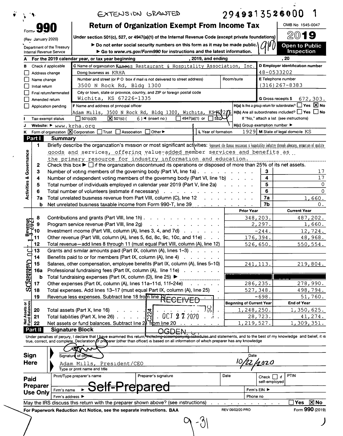 Image of first page of 2019 Form 990O for Kansas Restaurant and Hospitality Association