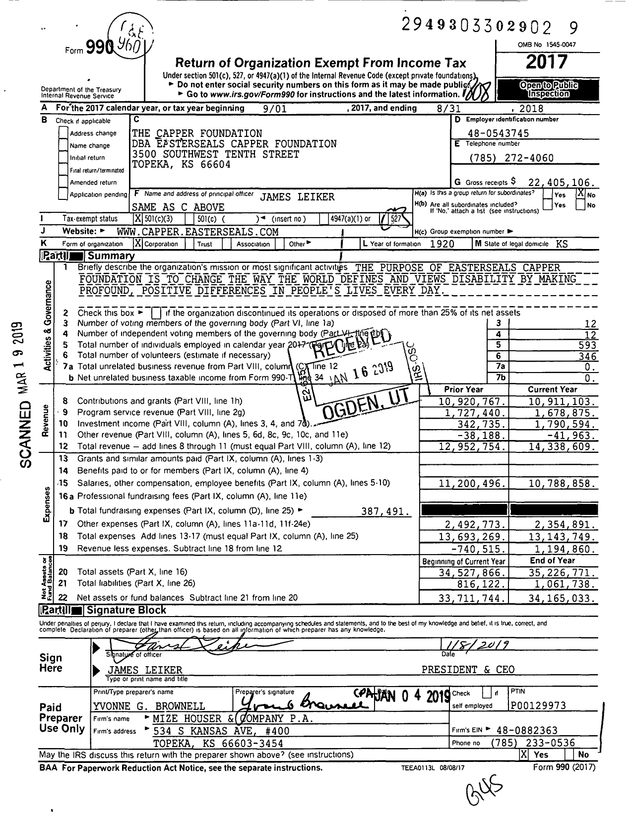 Image of first page of 2017 Form 990 for Capper Foundation (CF)