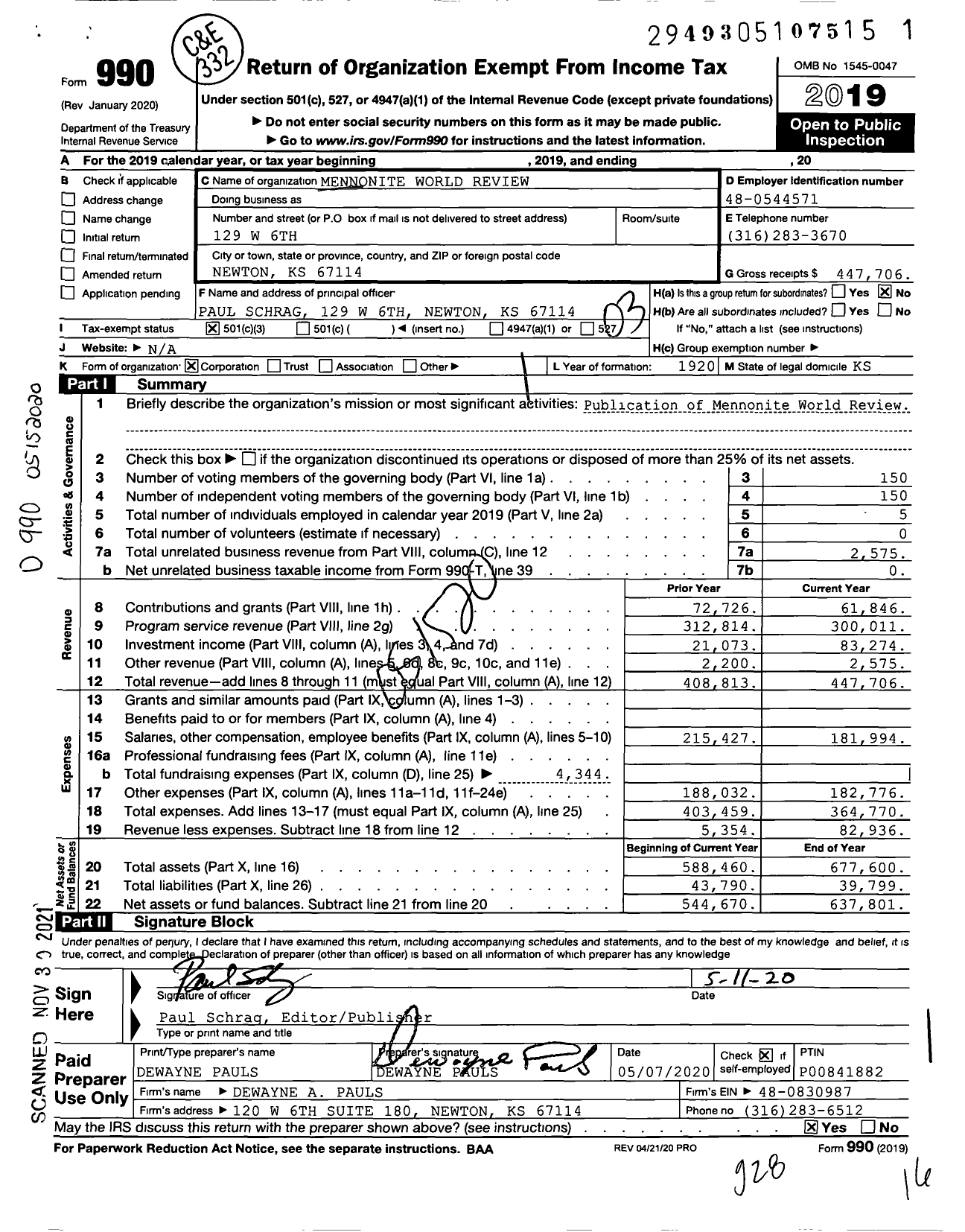 Image of first page of 2019 Form 990 for Anabaptist World