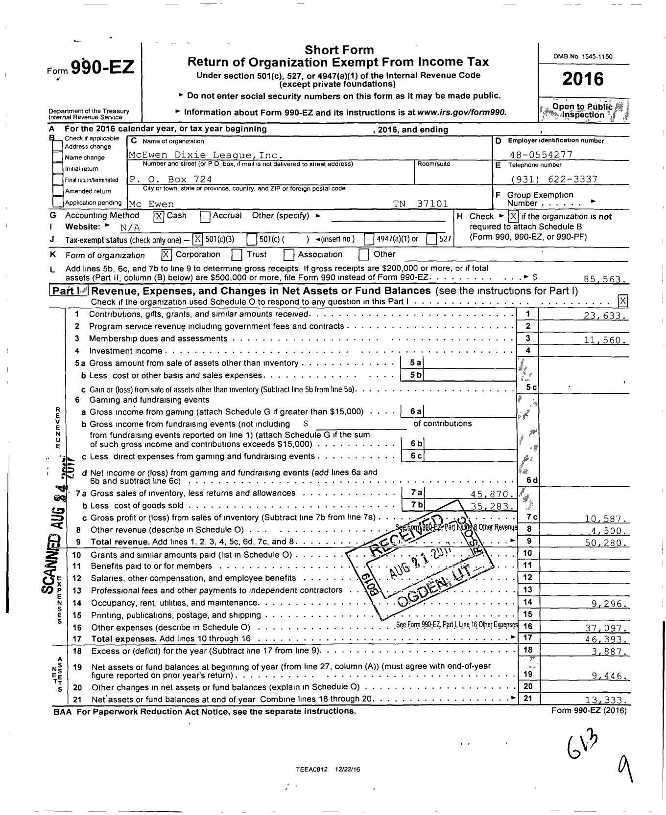 Image of first page of 2016 Form 990EZ for McEwen Dixie League