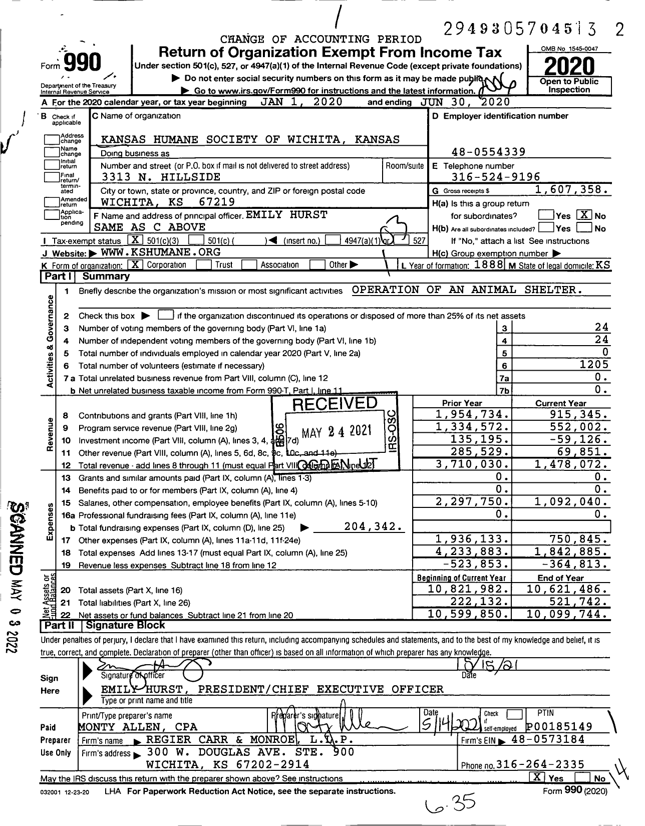 Image of first page of 2019 Form 990 for Kansas Humane Society of Wichita
