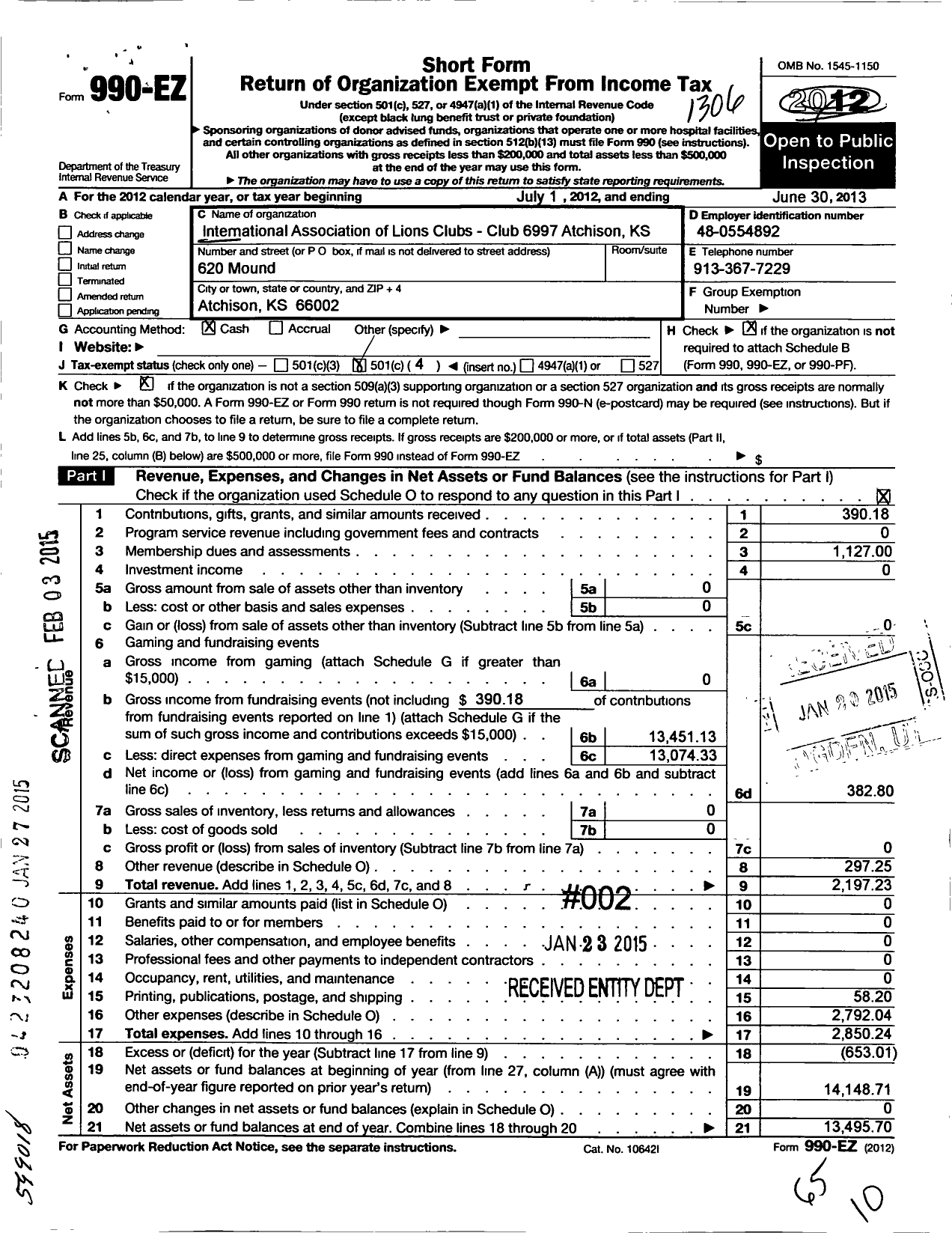 Image of first page of 2012 Form 990EO for International Association of Lions Clubs