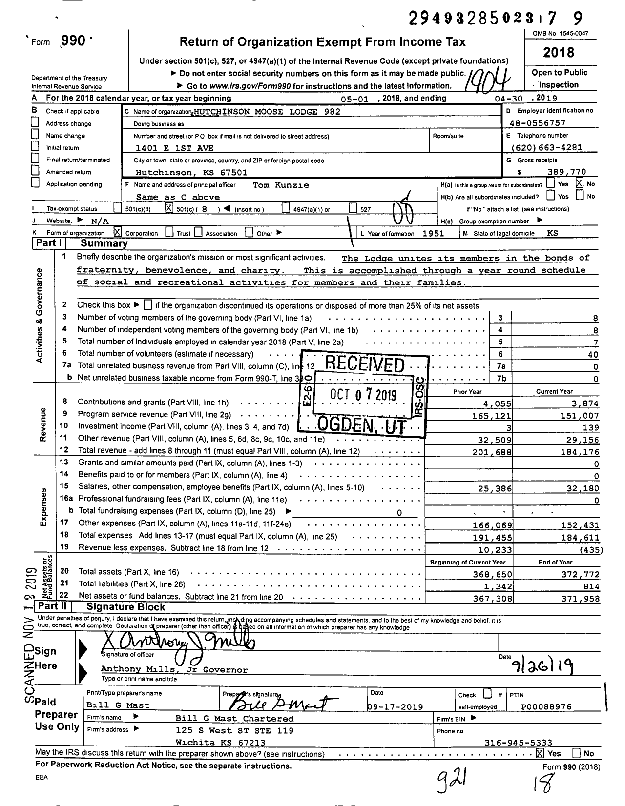 Image of first page of 2018 Form 990O for Loyal Order of Moose - 982