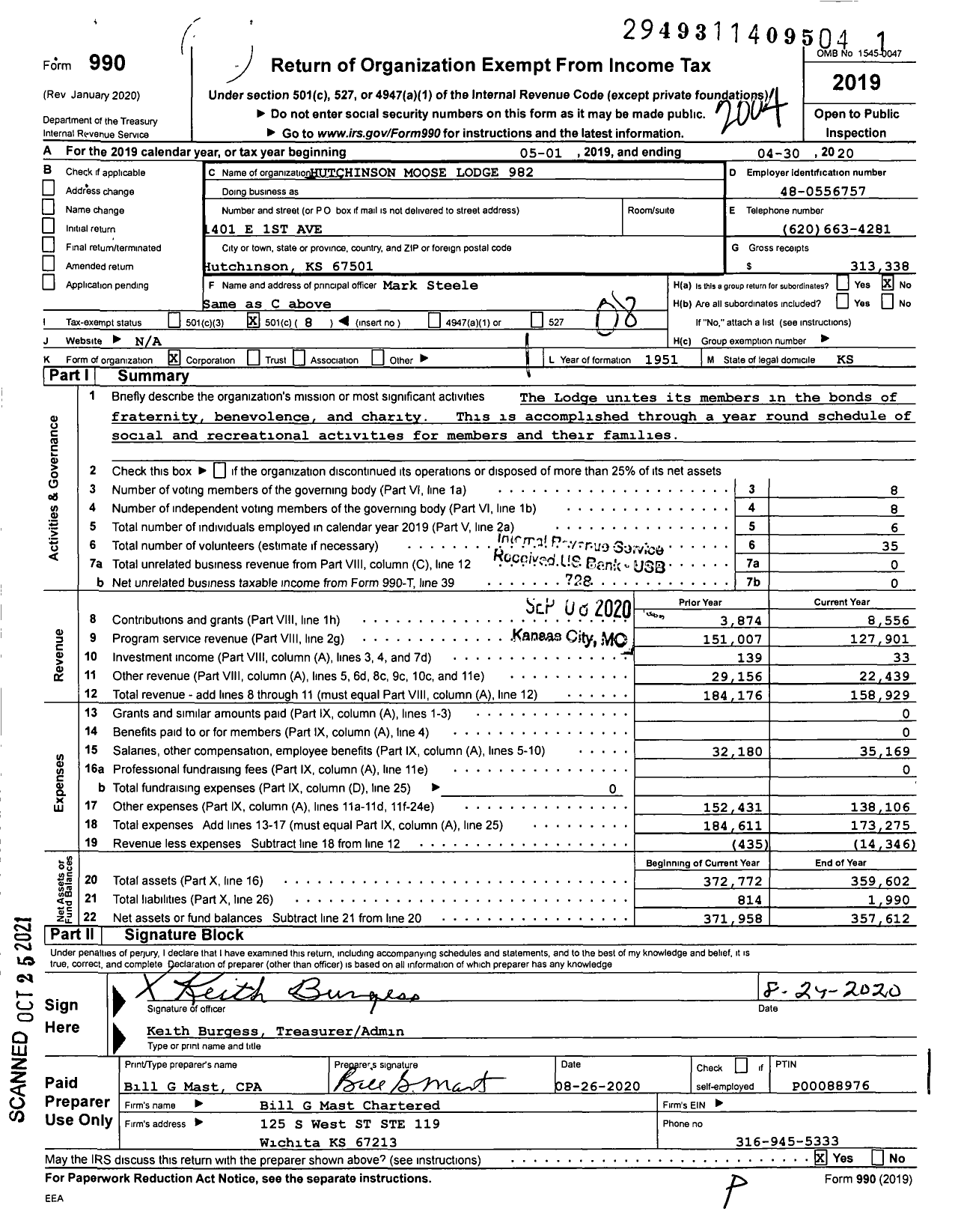 Image of first page of 2019 Form 990O for Loyal Order of Moose - 982