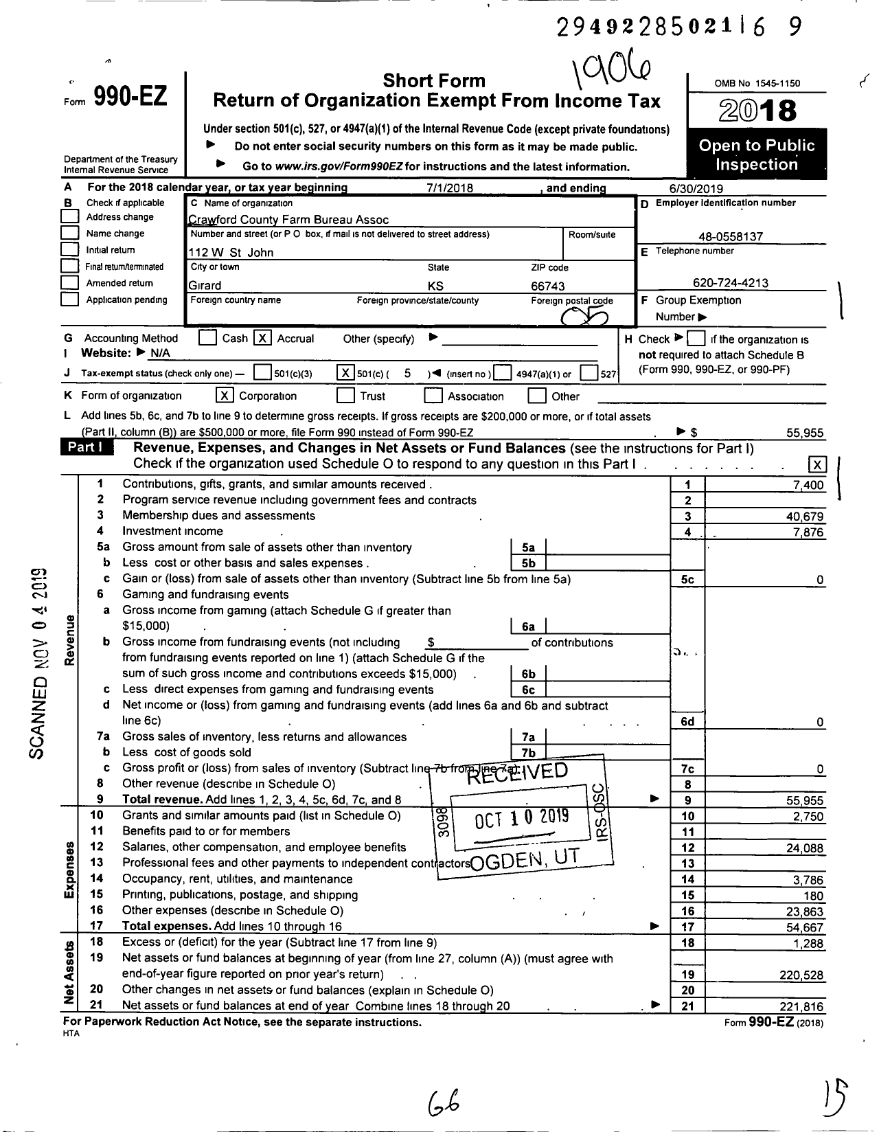 Image of first page of 2018 Form 990EO for Crawford County Farm Bureau Assoc