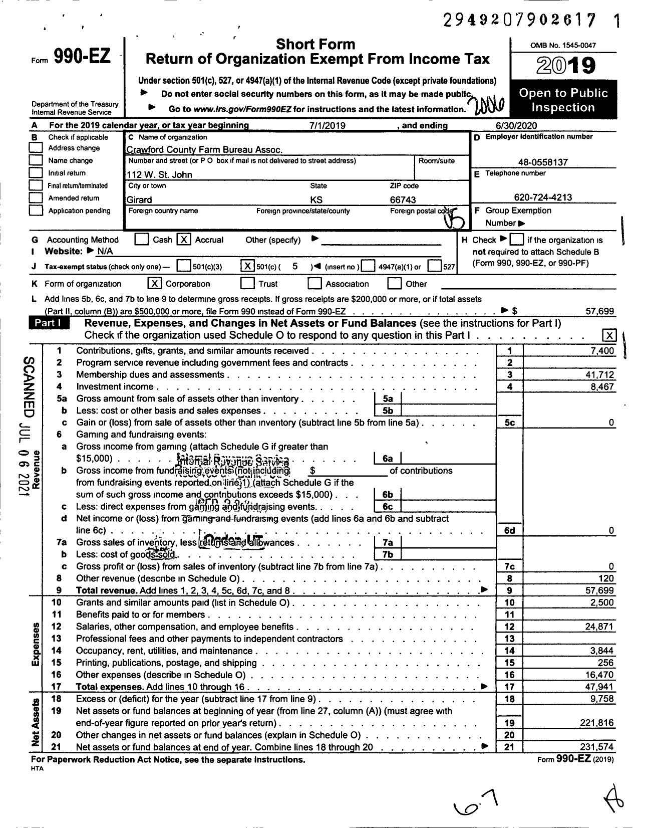 Image of first page of 2019 Form 990EO for Crawford County Farm Bureau Assoc