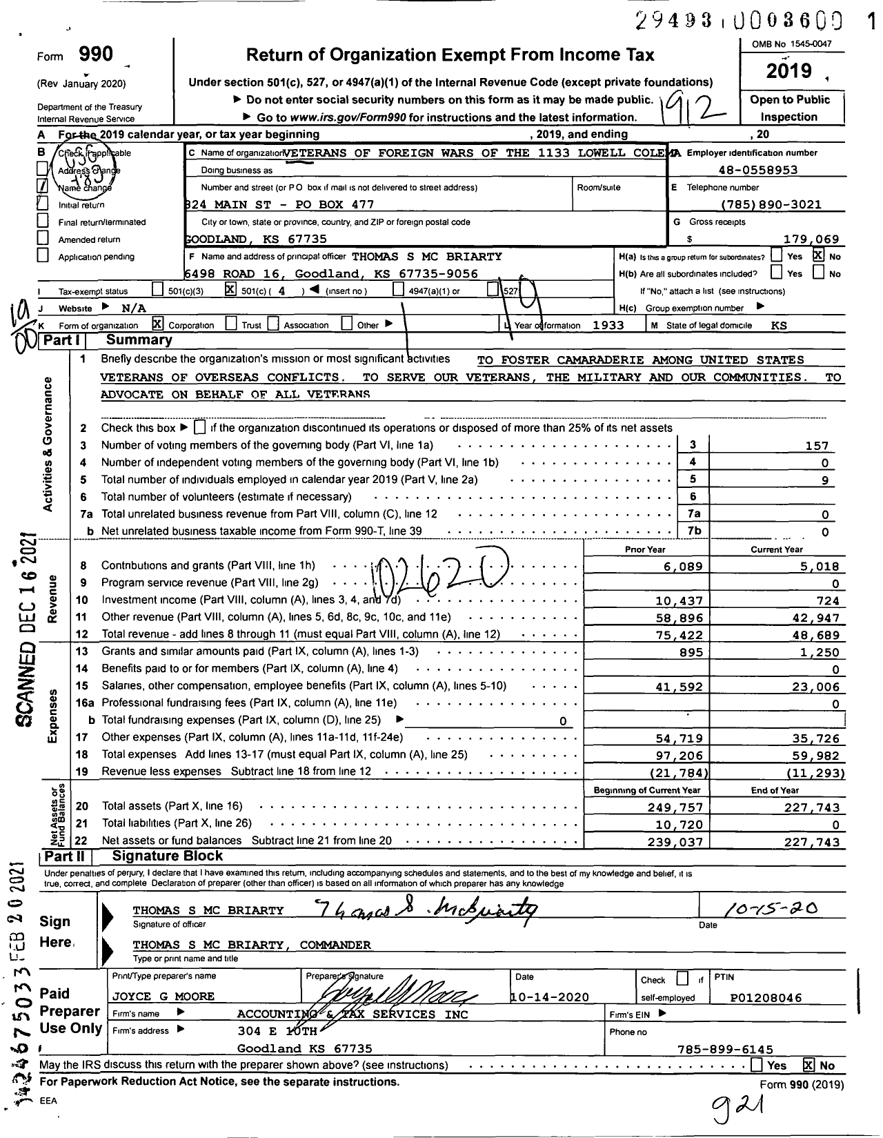 Image of first page of 2019 Form 990O for Veterans of Foreign Wars of the United States Dept of Kansas - 1133 Lowell Coleman