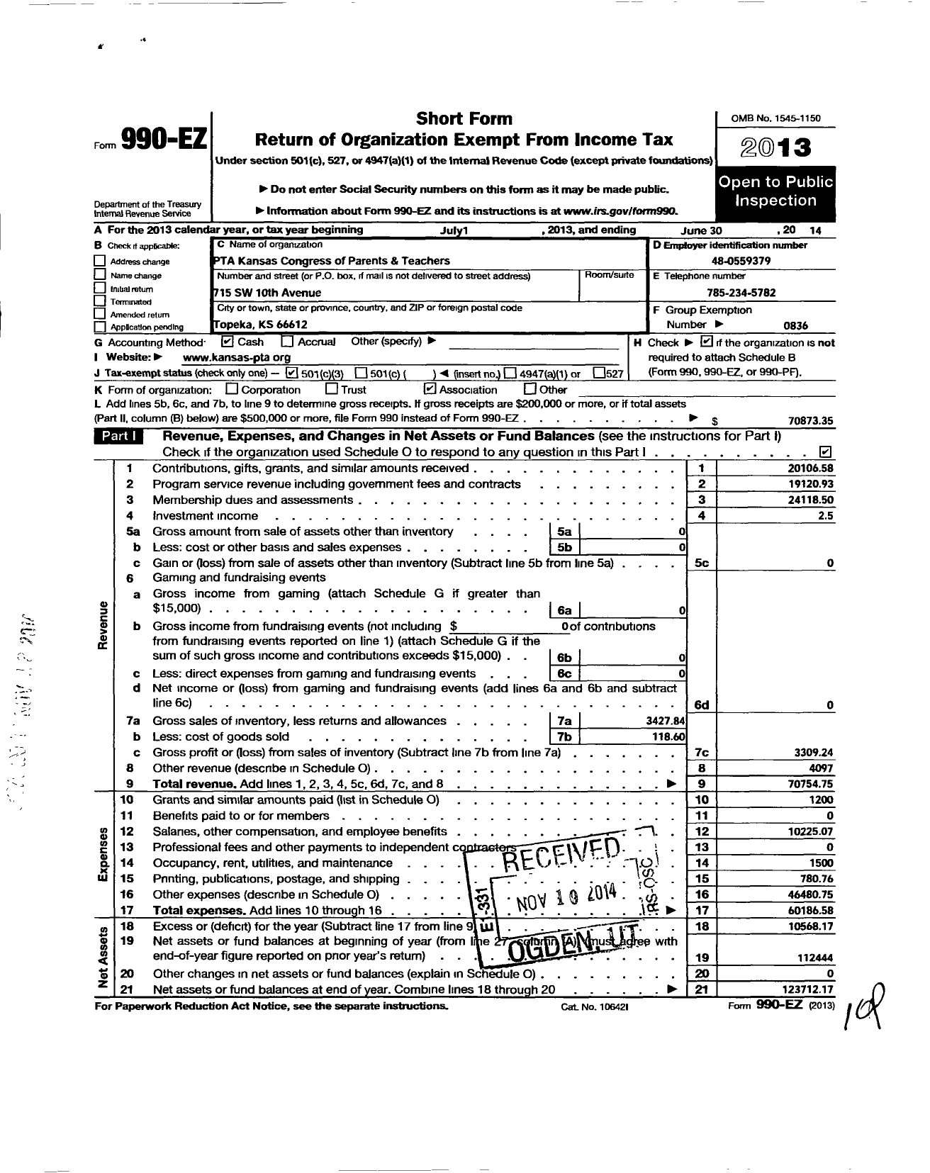 Image of first page of 2013 Form 990EZ for PTA Kansas Congress of Parents and Teachers / Pta-Ks