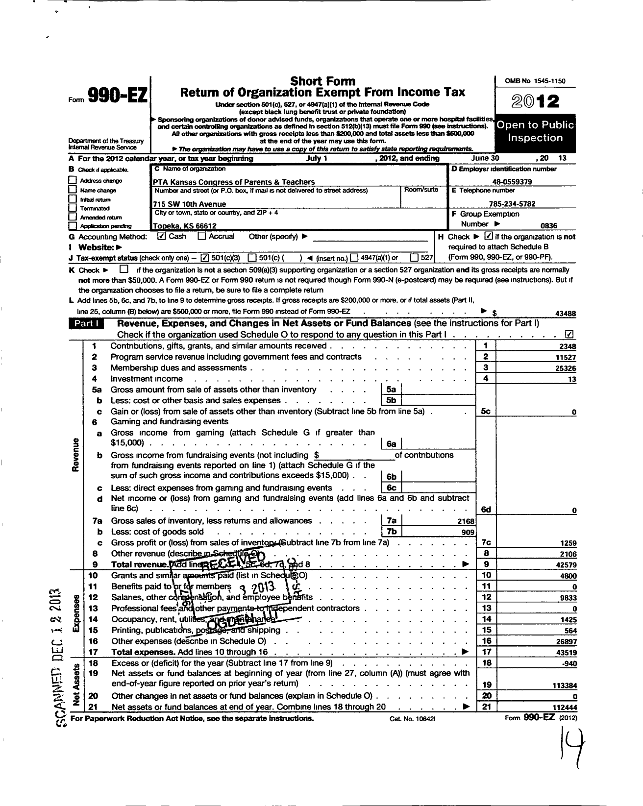 Image of first page of 2012 Form 990EZ for PTA Kansas Congress of Parents and Teachers / Pta-Ks