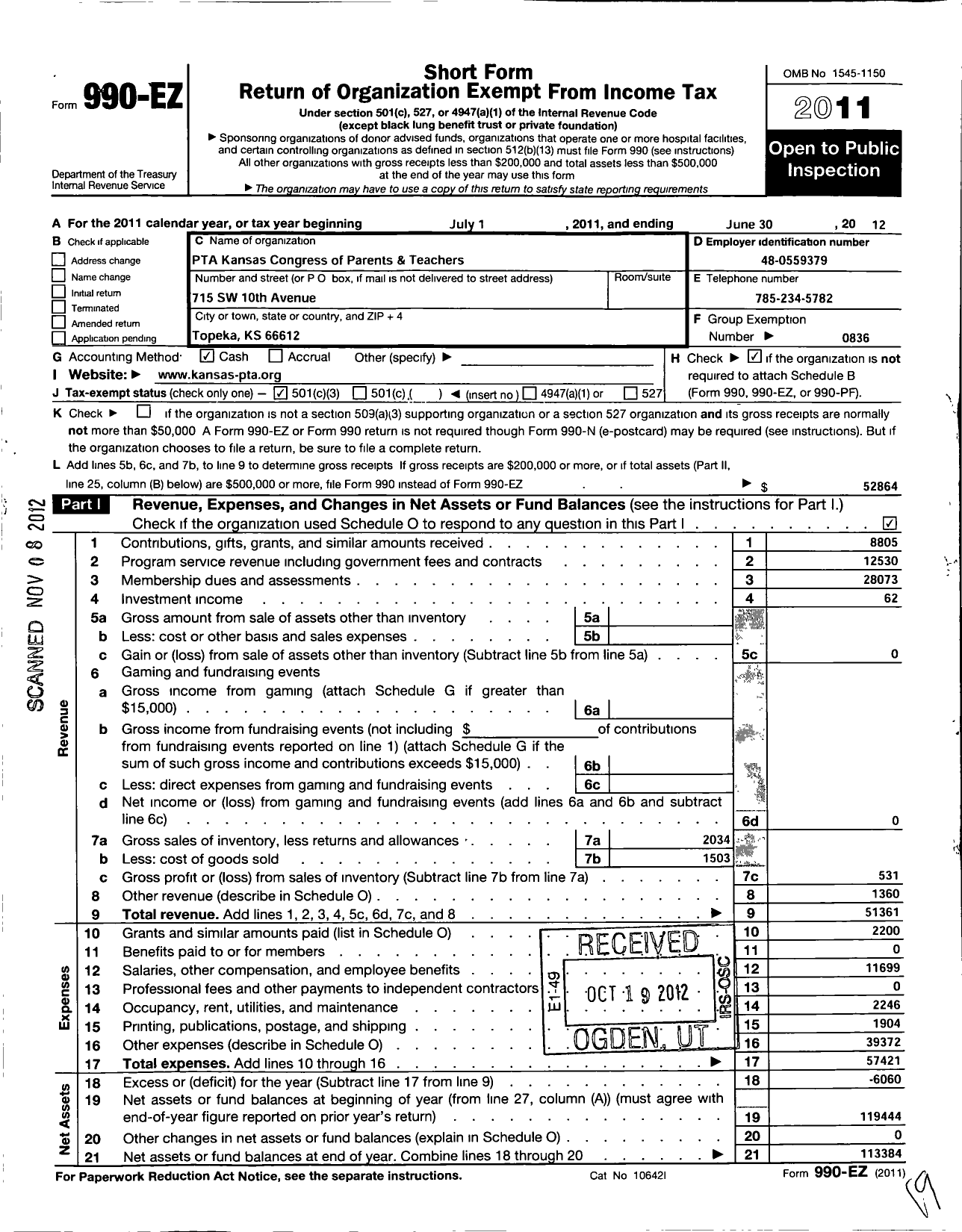 Image of first page of 2011 Form 990EZ for PTA Kansas Congress of Parents and Teachers / Pta-Ks