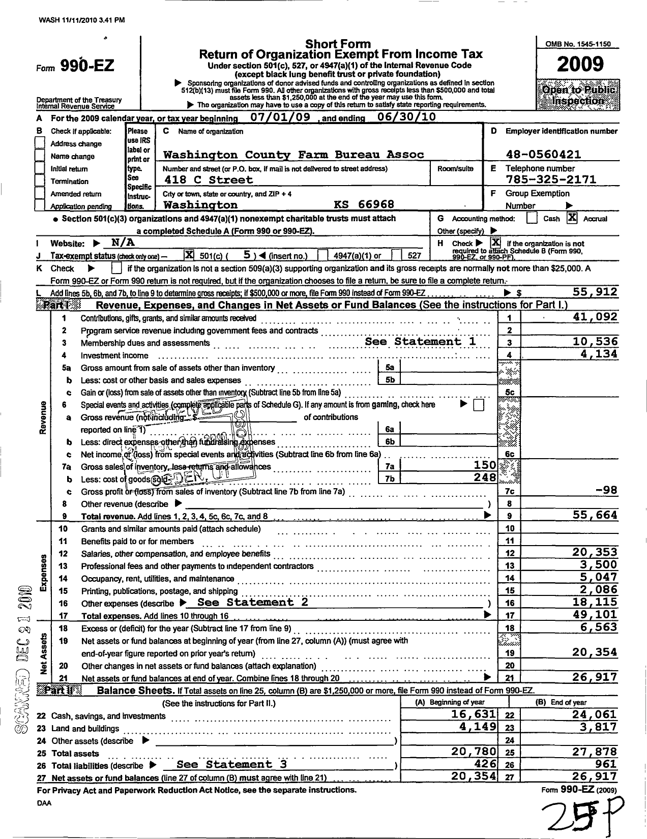 Image of first page of 2009 Form 990EO for Washington County Farm Bureau Association