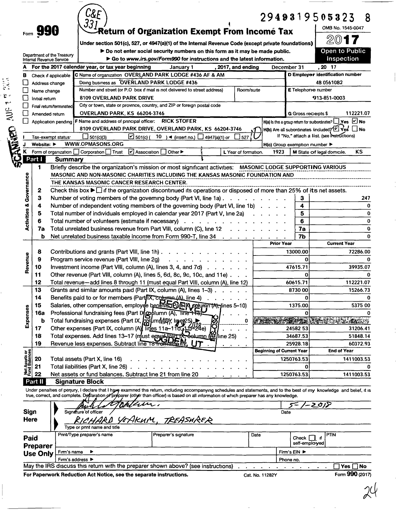 Image of first page of 2017 Form 990O for Ancient Free & Accepted Masons of Kansas - Overland Park Lodge # 436