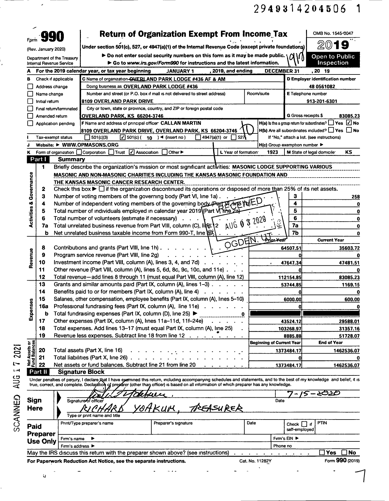 Image of first page of 2019 Form 990O for Ancient Free & Accepted Masons of Kansas - Overland Park Lodge # 436