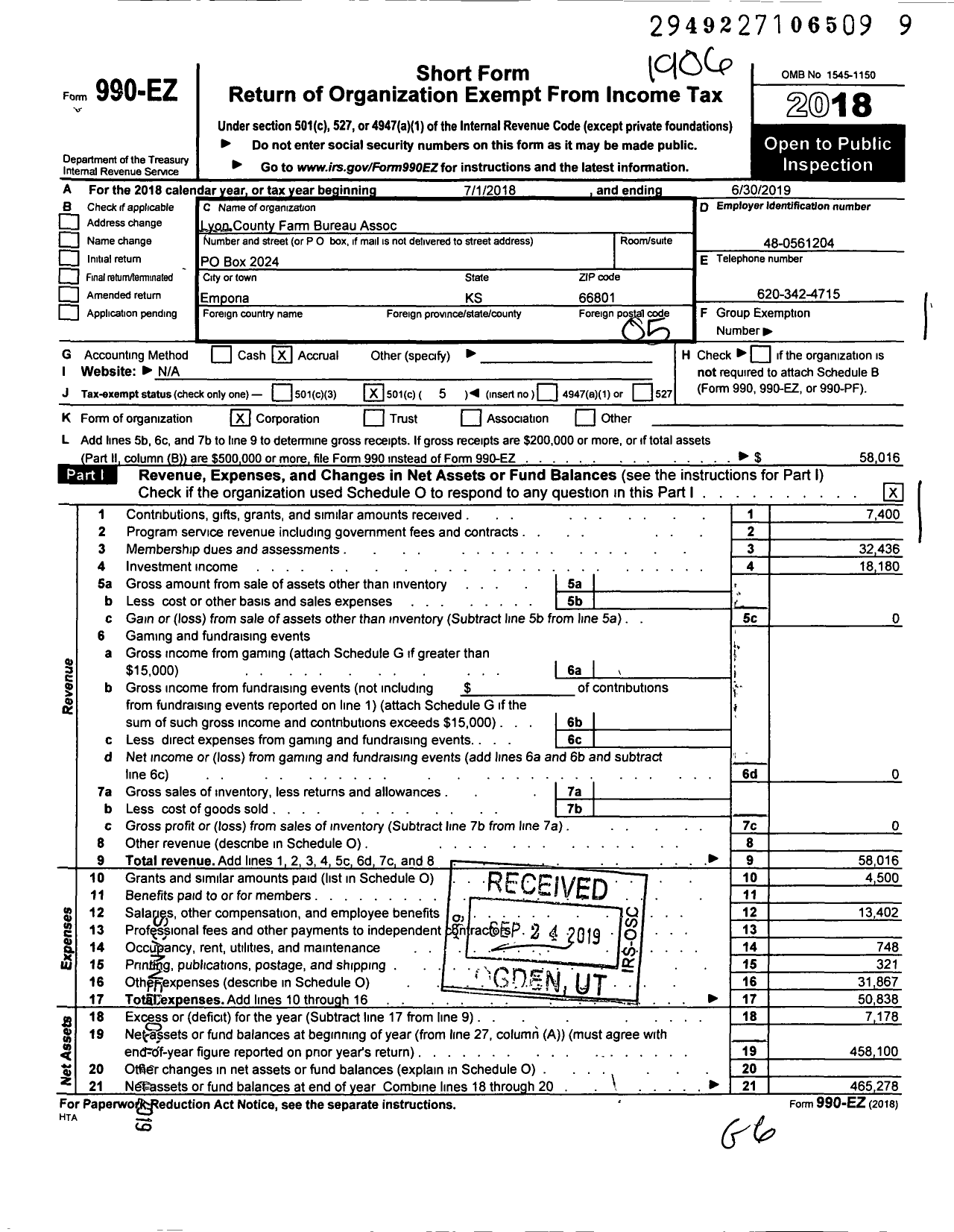 Image of first page of 2018 Form 990EO for Lyon County Farm Bureau Assoc