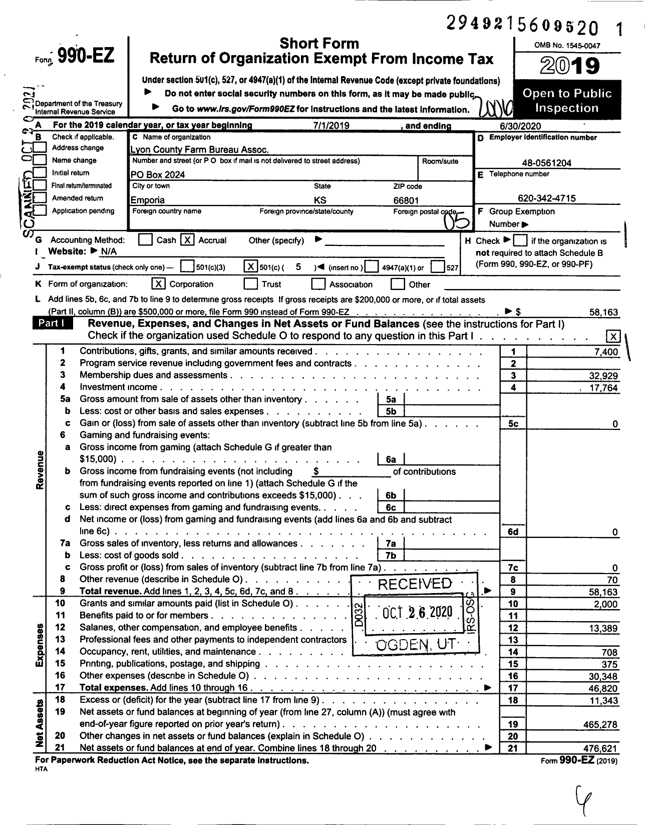 Image of first page of 2019 Form 990EO for Lyon County Farm Bureau Assoc