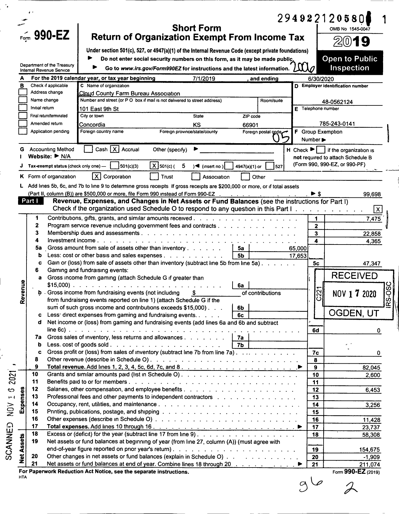 Image of first page of 2019 Form 990EO for Cloud County Farm Bureau Association