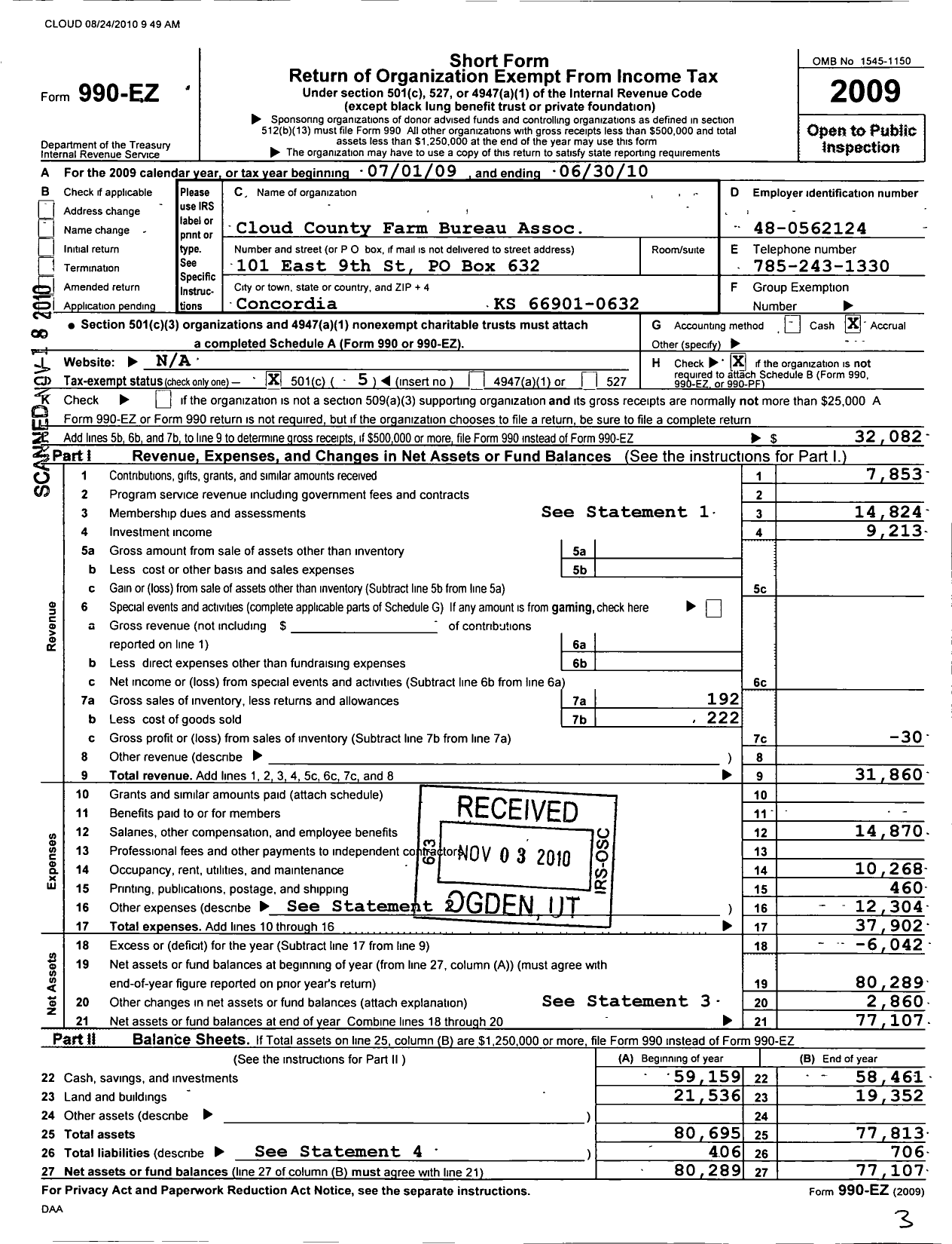 Image of first page of 2009 Form 990EO for Cloud County Farm Bureau Association