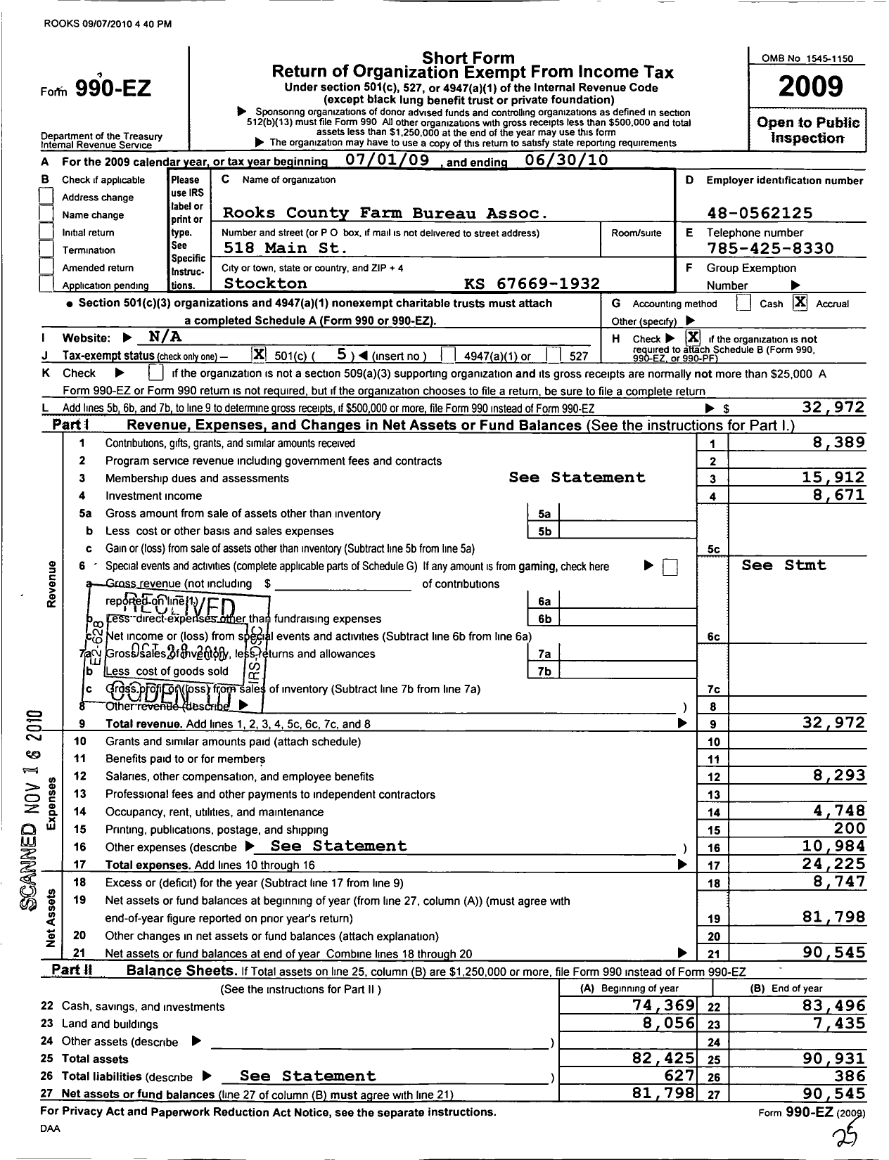 Image of first page of 2009 Form 990EO for Rooks County Farm Bureau Association