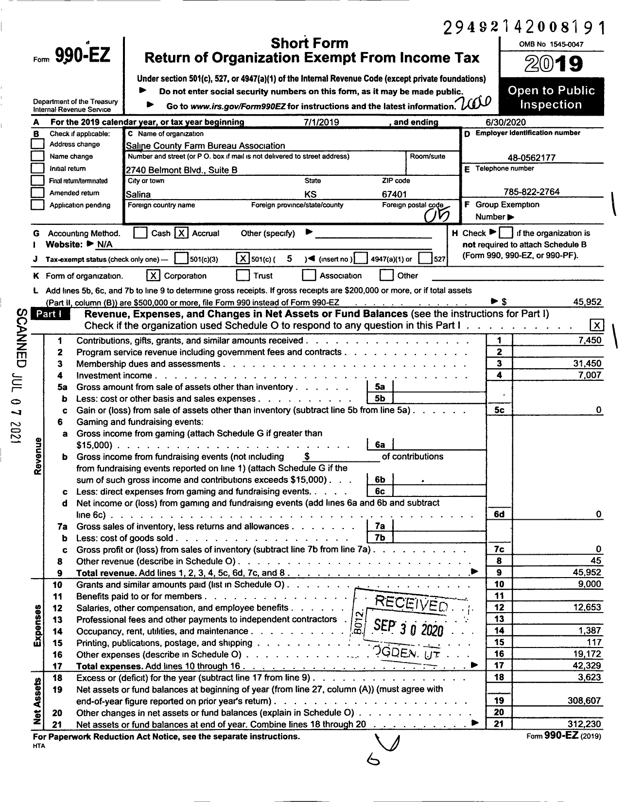 Image of first page of 2019 Form 990EO for Saline County Farm Bureau Association