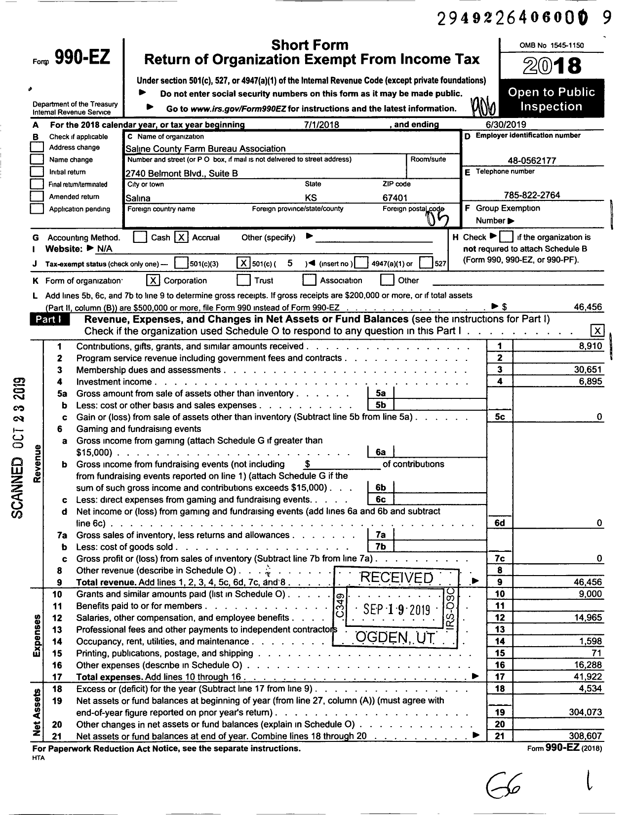 Image of first page of 2018 Form 990EO for Saline County Farm Bureau Association