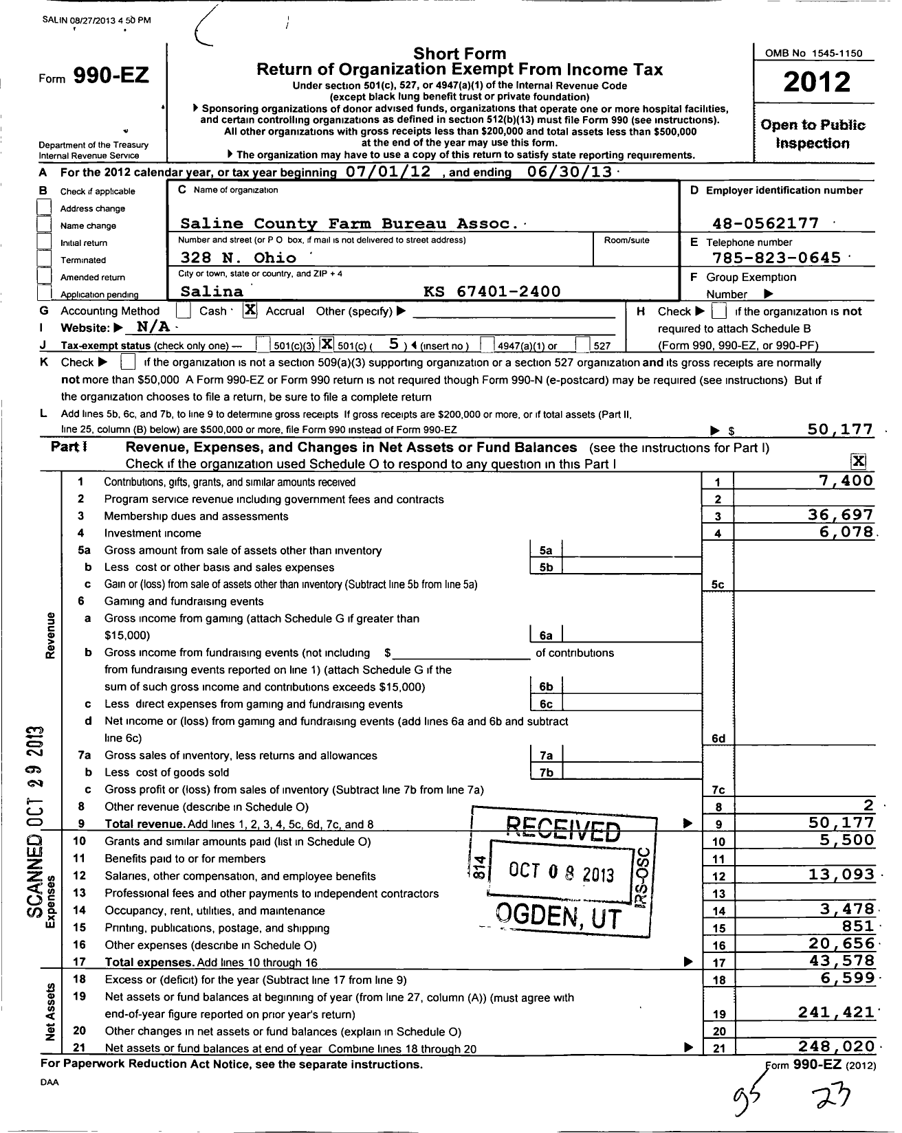 Image of first page of 2012 Form 990EO for Saline County Farm Bureau Association