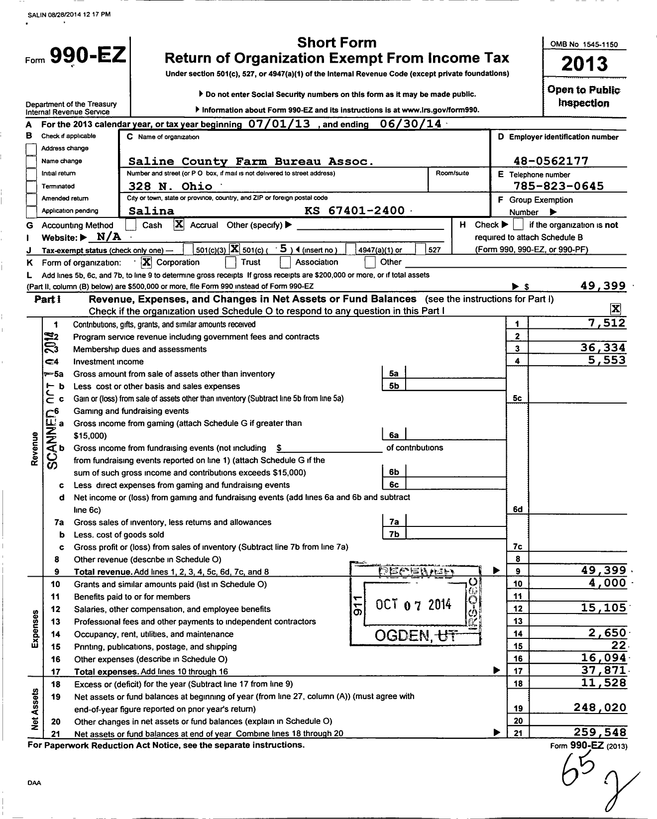 Image of first page of 2013 Form 990EO for Saline County Farm Bureau Association